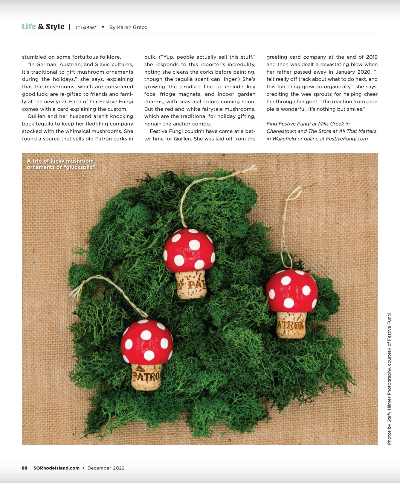Lucky mushroom ornaments made from Patron corks, traditional holiday gifts.