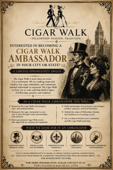 Vintage-style poster inviting people to become Cigar Walk Ambassadors.