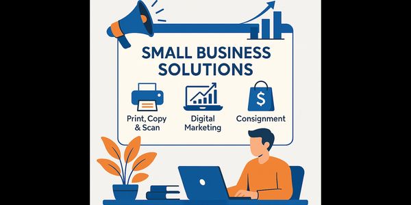 Illustration showcasing small business solutions like printing, digital marketing, and consignment services.