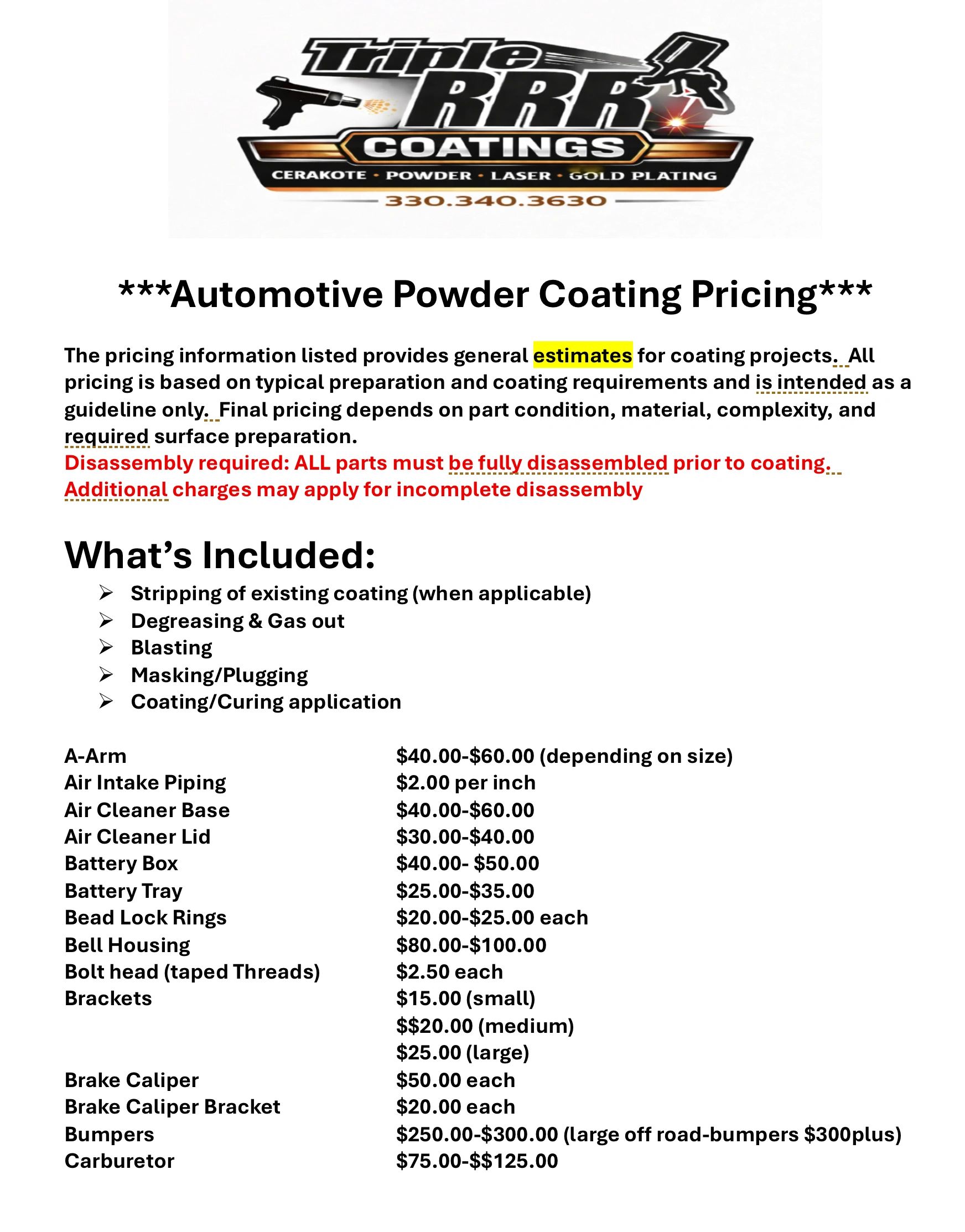 Automotive powder coating price list with services and costs from Triple RRR Coatings.