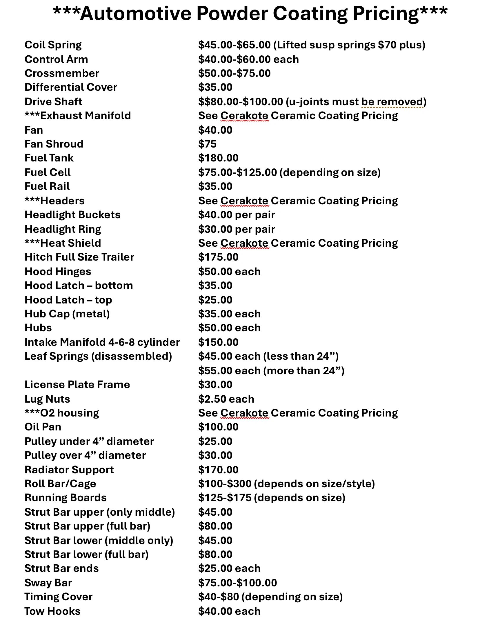 Automotive powder coating pricing list for various car parts with detailed costs.