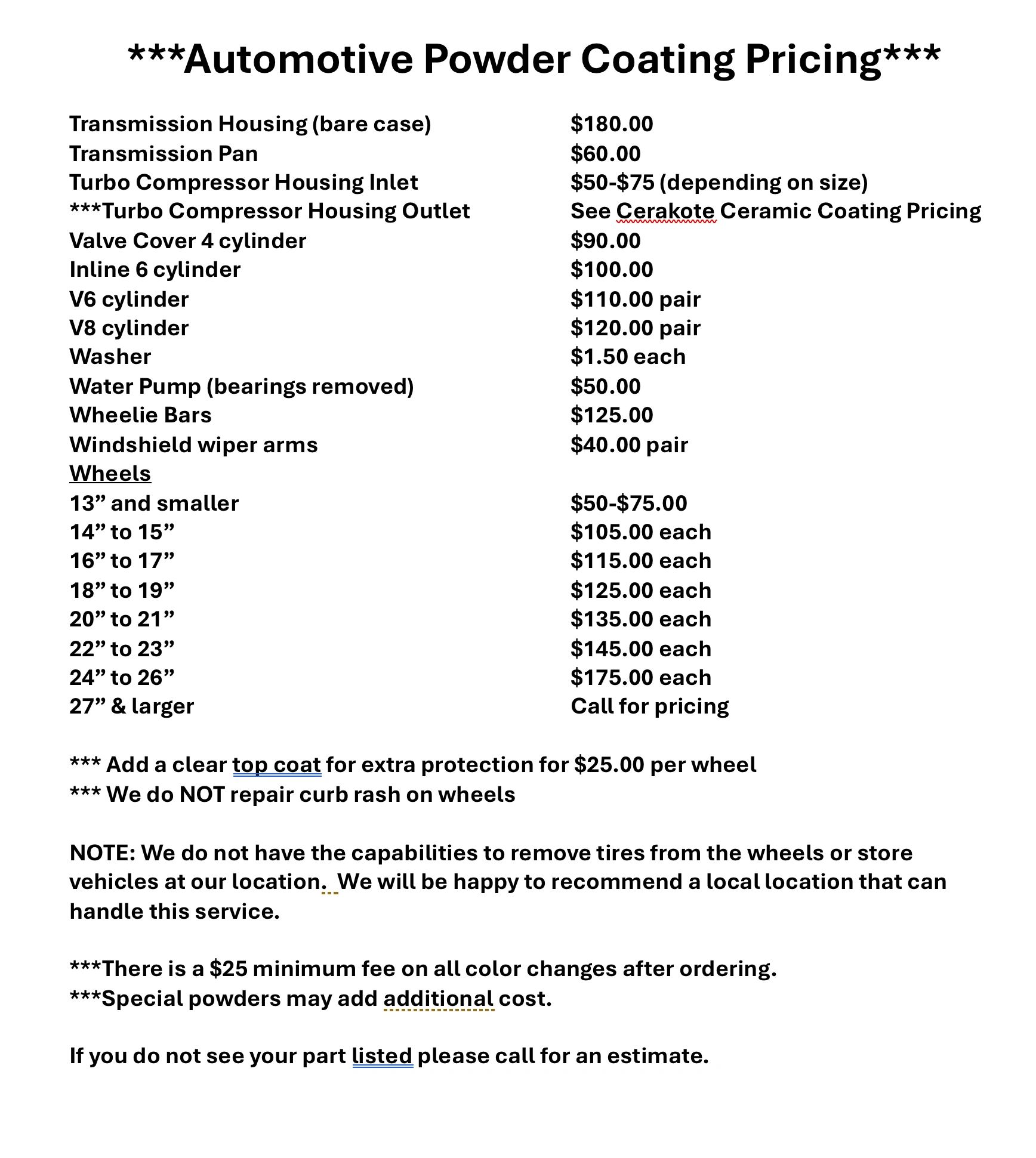Automotive powder coating pricing list for various parts and wheels, with additional fees and service notes.