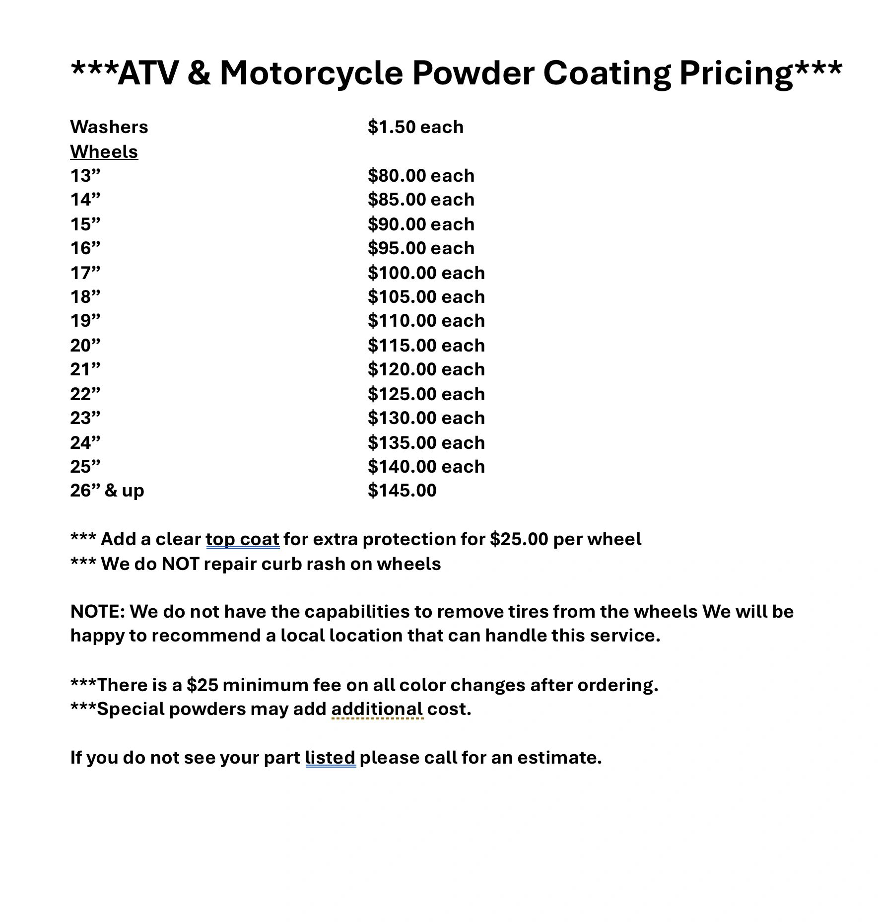 Pricing list for ATV and motorcycle powder coating by wheel size with additional options and notes.