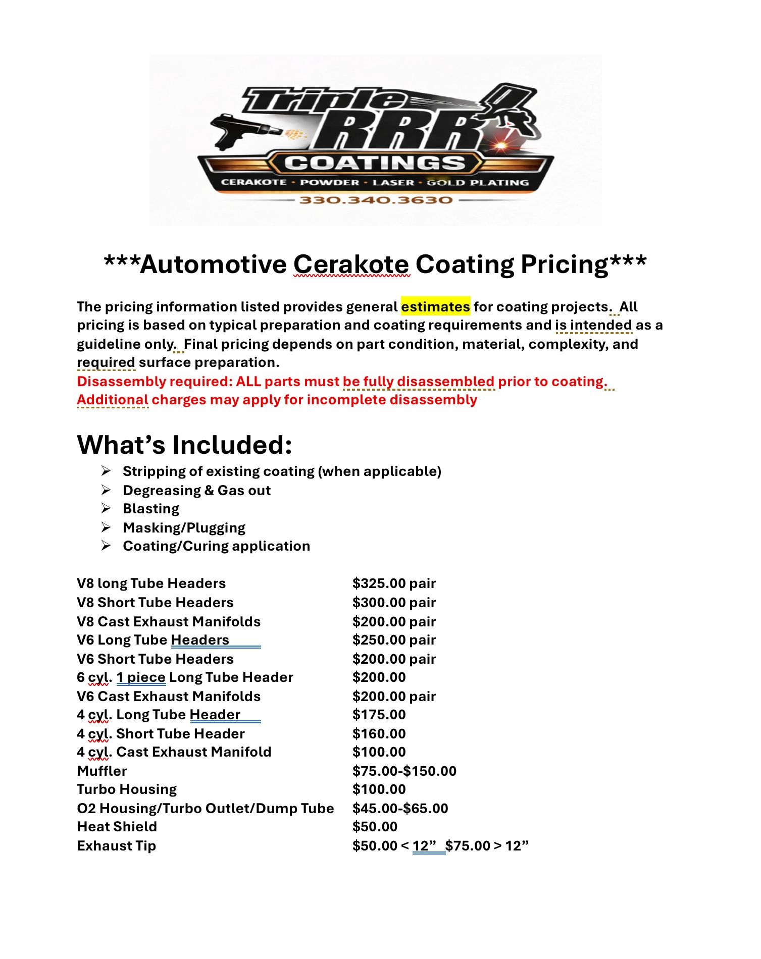 Automotive Cerakote coating pricing and services list from Triple RRR Coatings.
