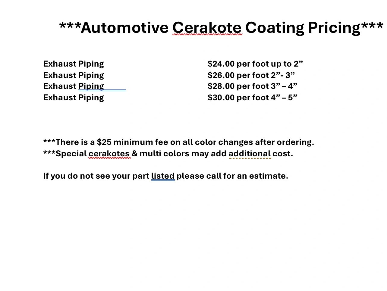 Pricing for automotive Cerakote coating on exhaust piping by foot length.