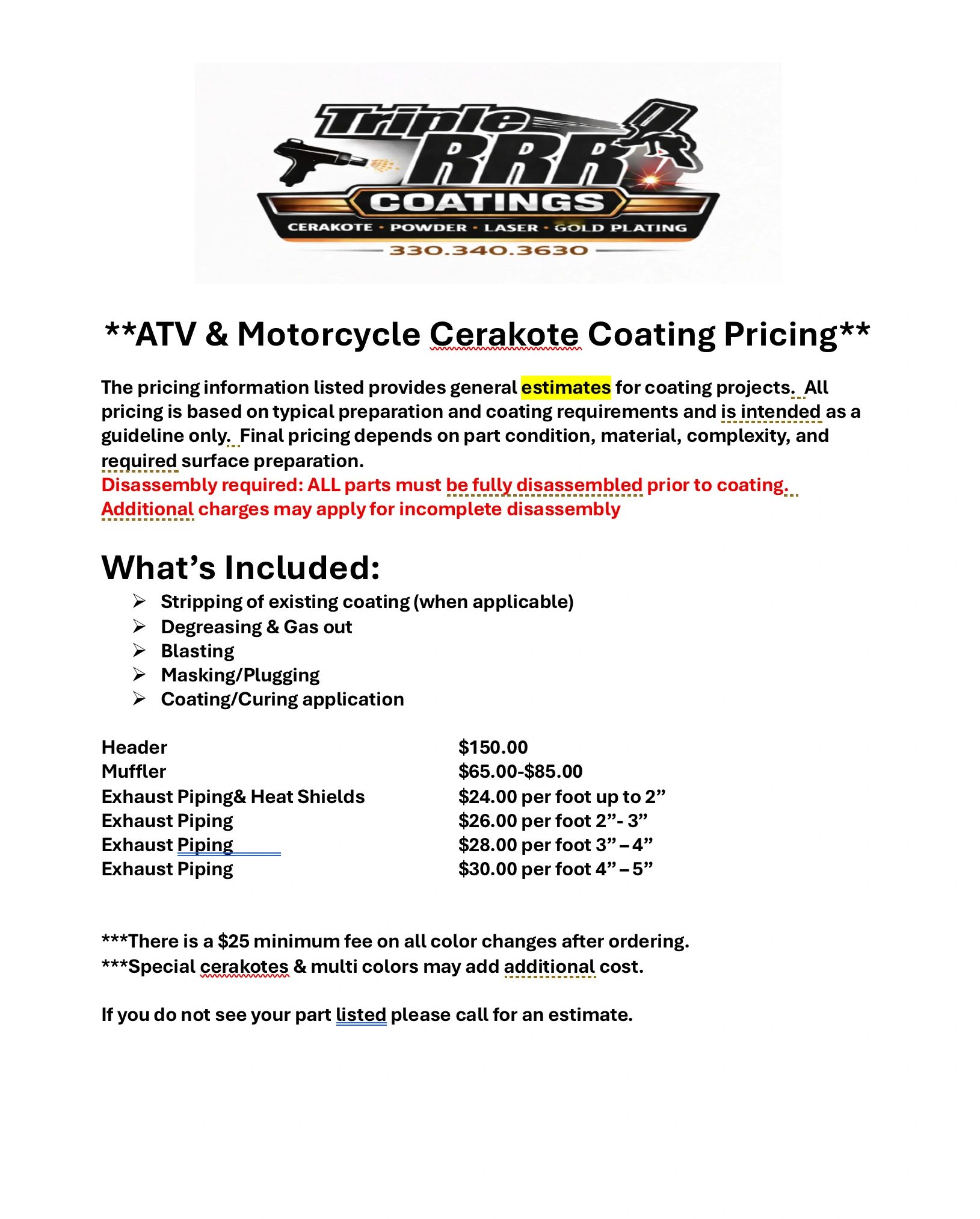 ATV and motorcycle Cerakote coating pricing with detailed service and cost estimates.
