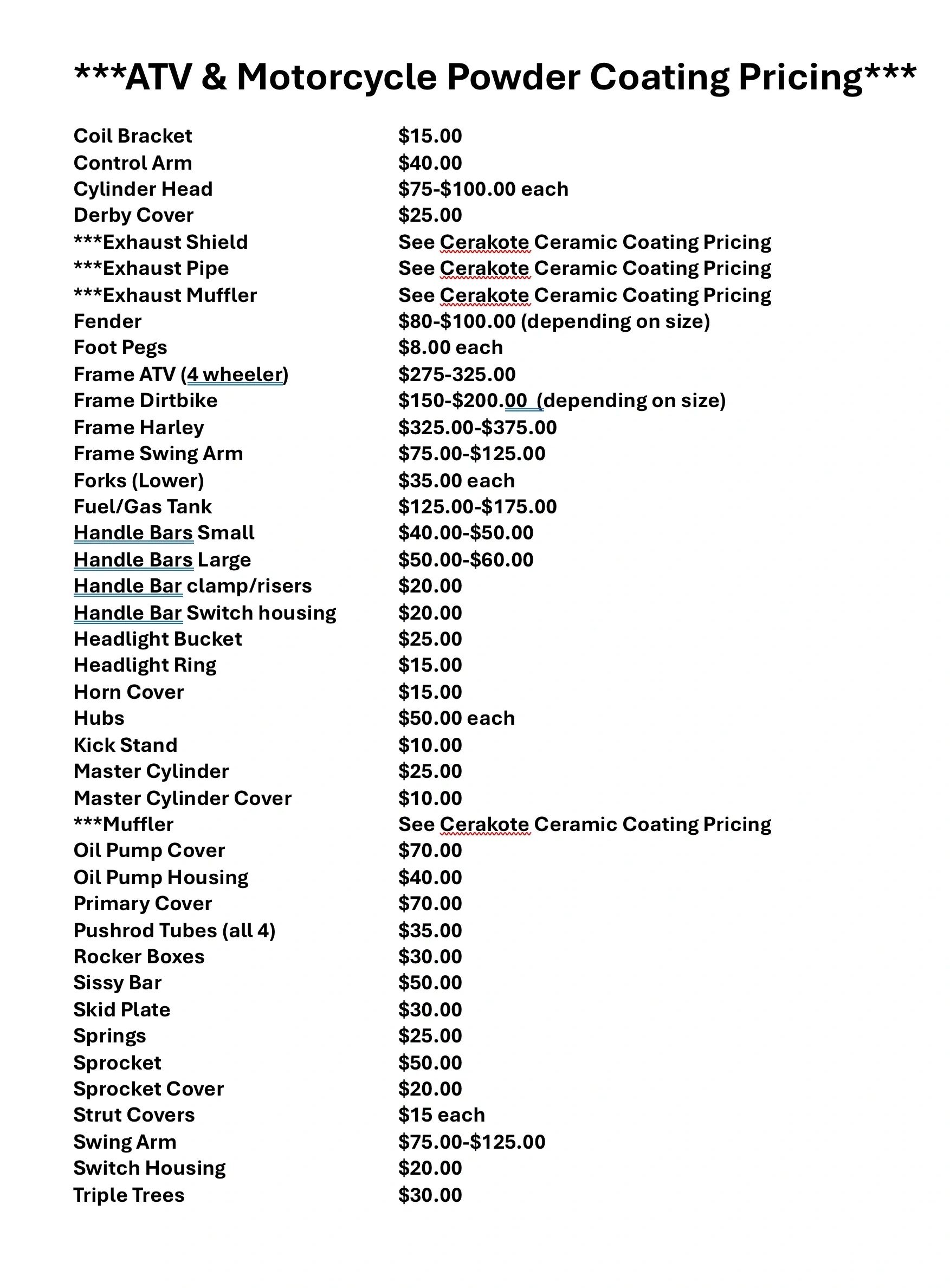 ATV and motorcycle powder coating pricing list with various parts and costs.