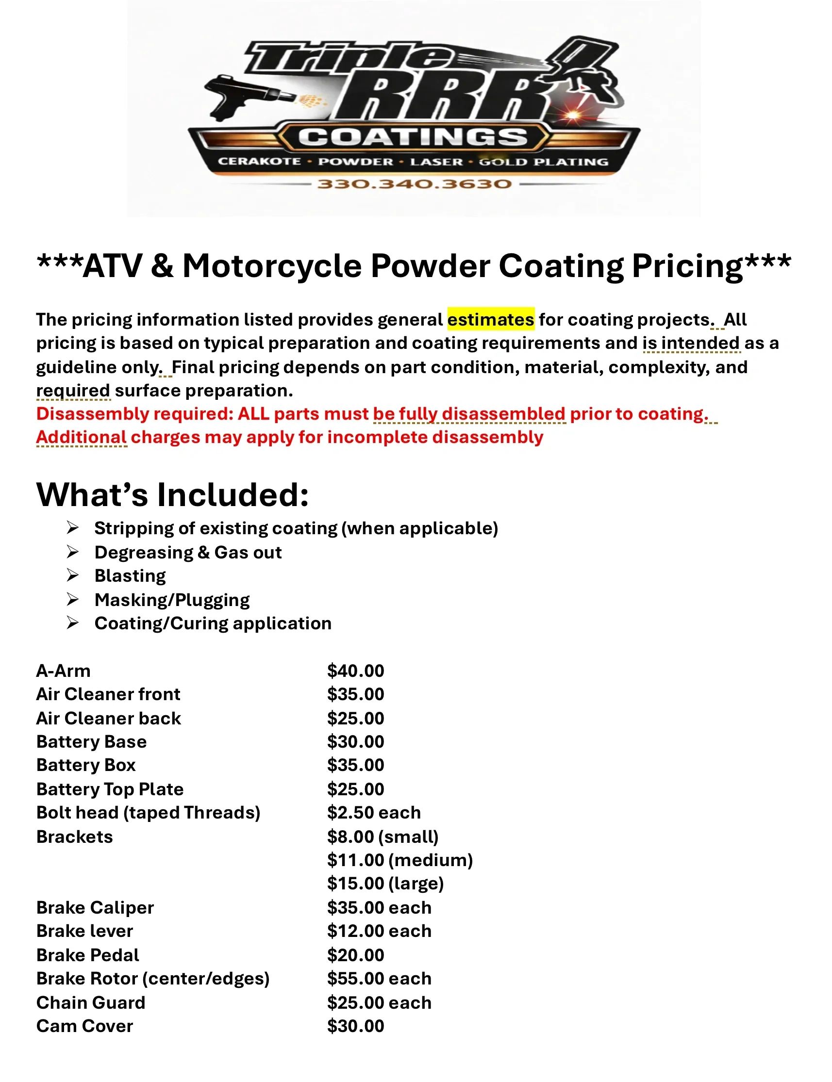 ATV and motorcycle powder coating pricing with detailed service list and parts costs.