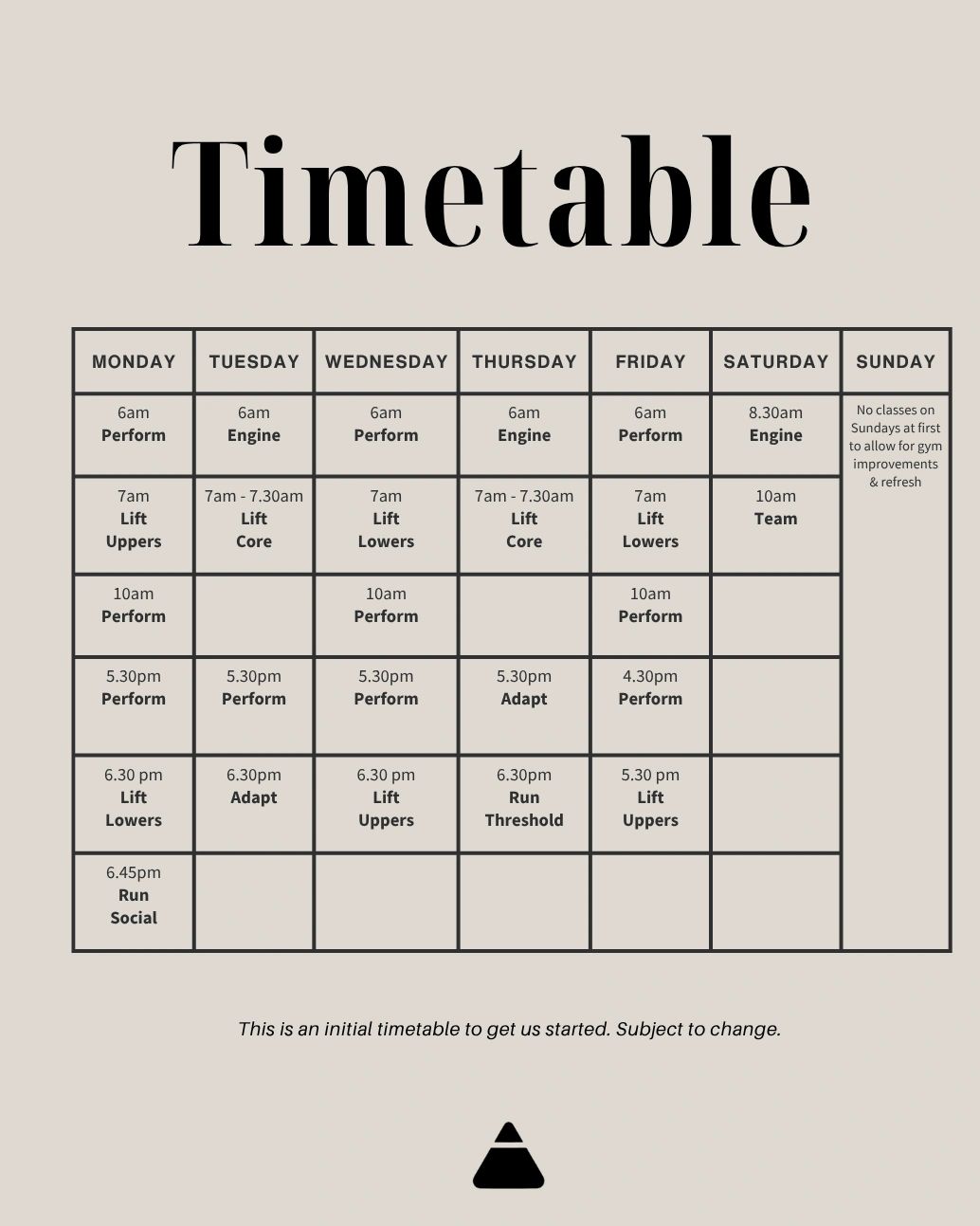 Weekly fitness timetable with various morning and evening workout sessions.