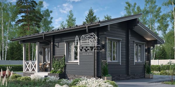 Modern dark gray wooden house surrounded by greenery and a blue sky.