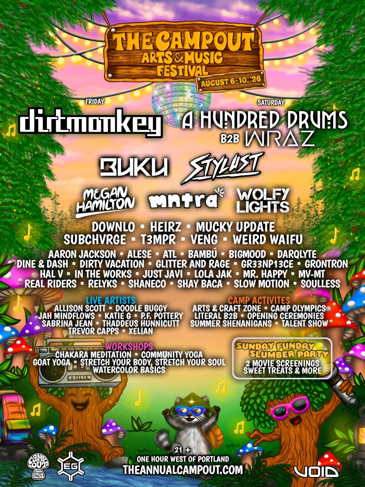 Colorful festival poster for The Campout Arts &amp; Music Festival August 6-10, 2026.