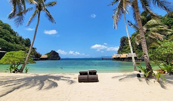 Two lounge chairs on a sandy beach under palm trees with clear blue water.