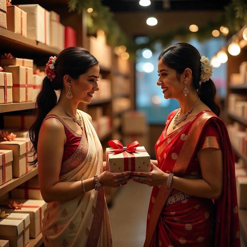Two women in elegant sarees exchanging a gift in a warmly lit room.