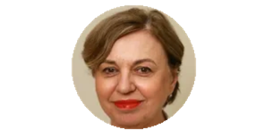 Portrait of a middle-aged woman with short hair and red lipstick.
