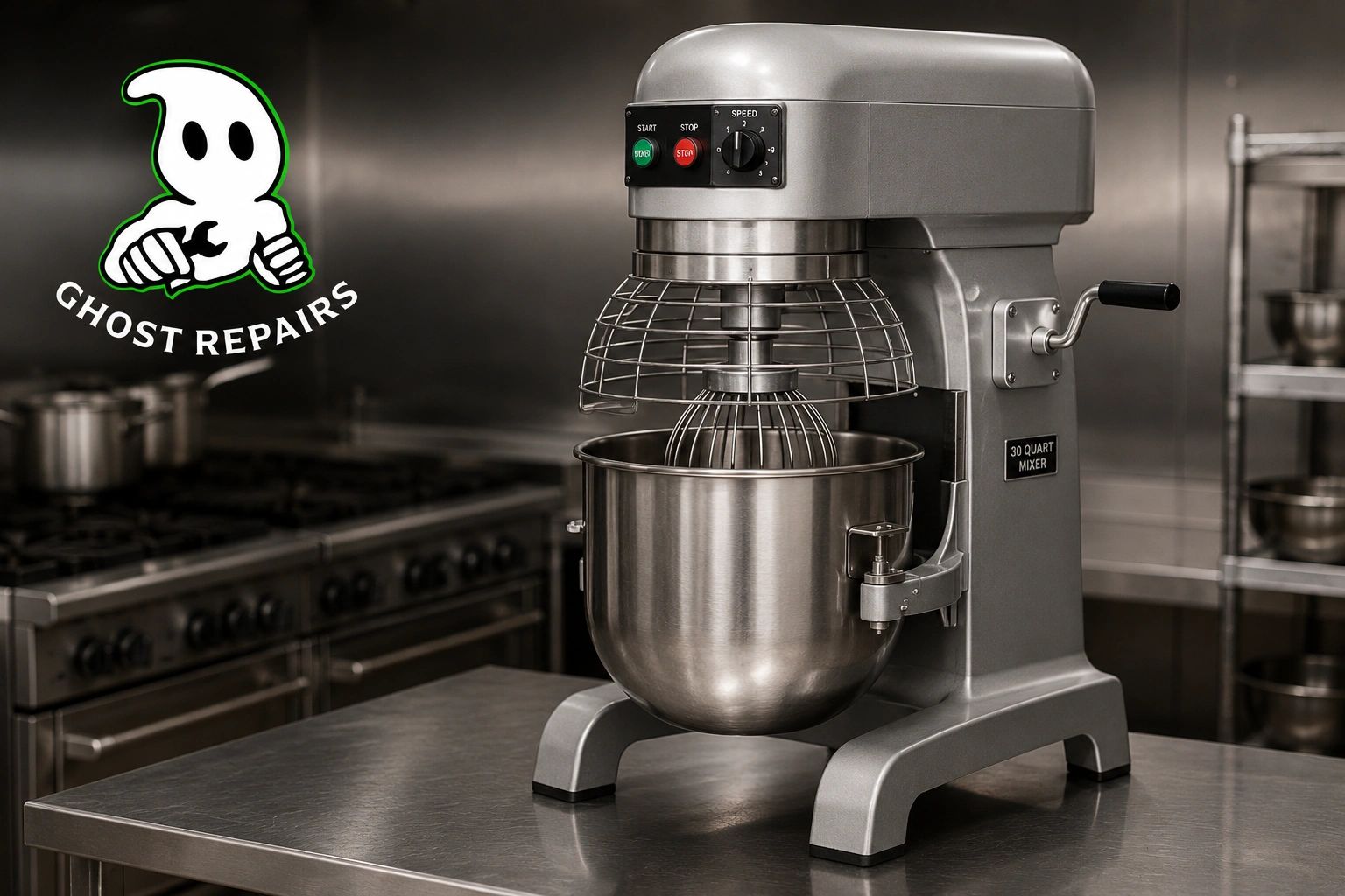 Industrial kitchen mixer on stainless steel table with Ghost Repairs logo.