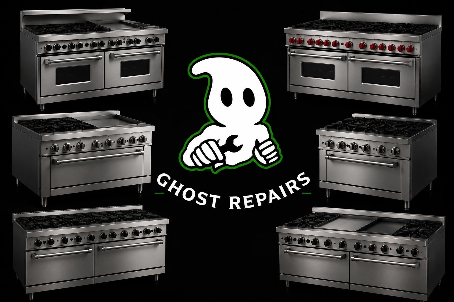 Logo of Ghost Repairs surrounded by six professional stainless steel kitchen ranges.
