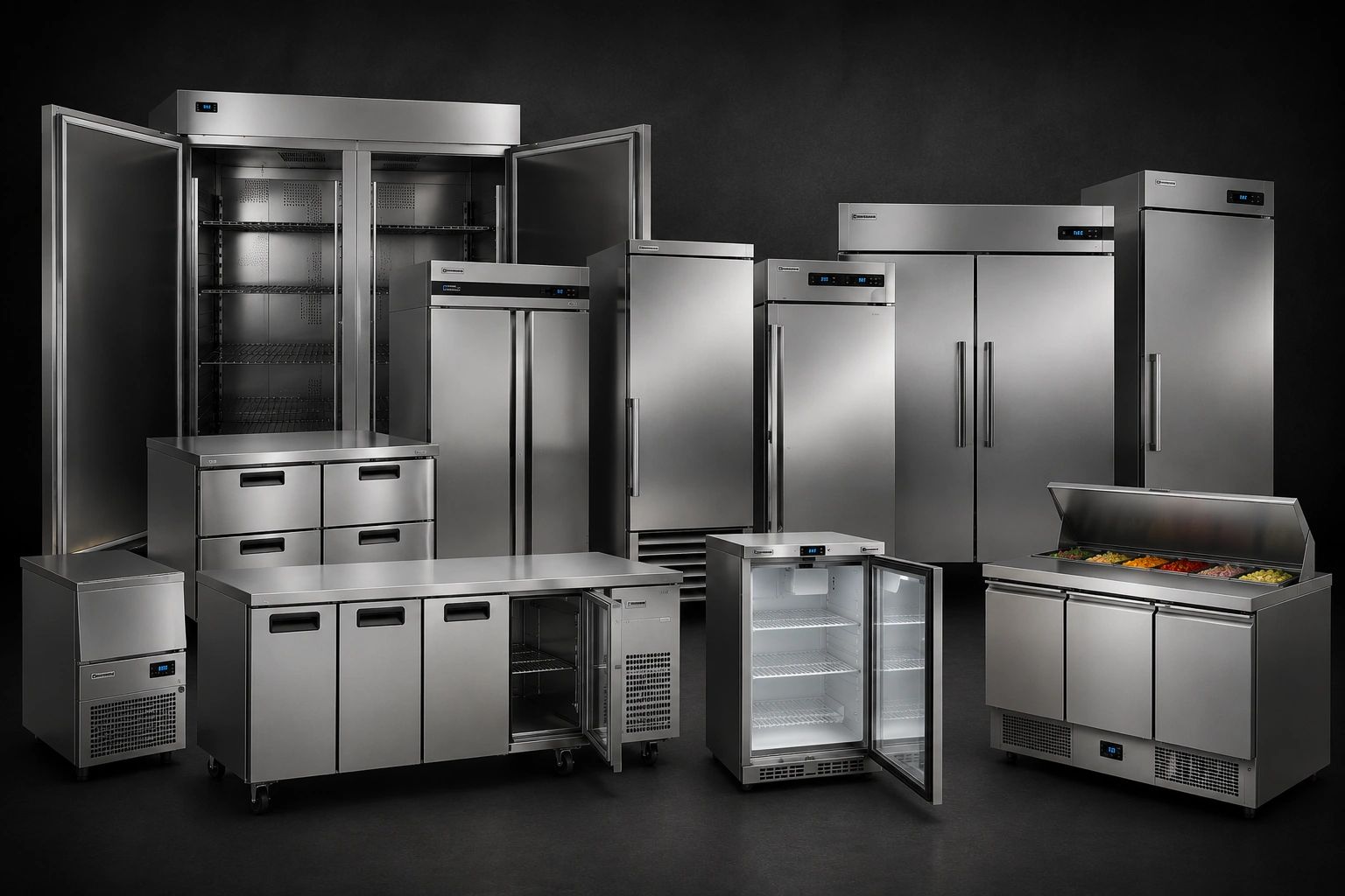 A collection of stainless steel commercial kitchen refrigeration units.