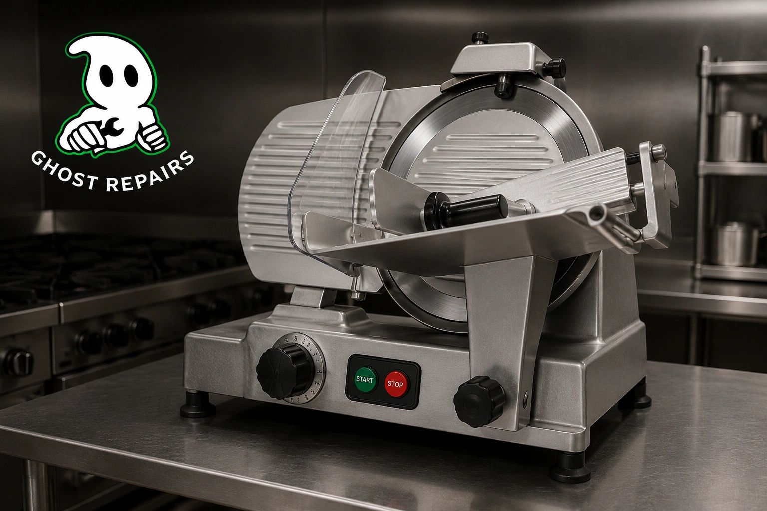 Commercial meat slicer on a stainless steel kitchen table.