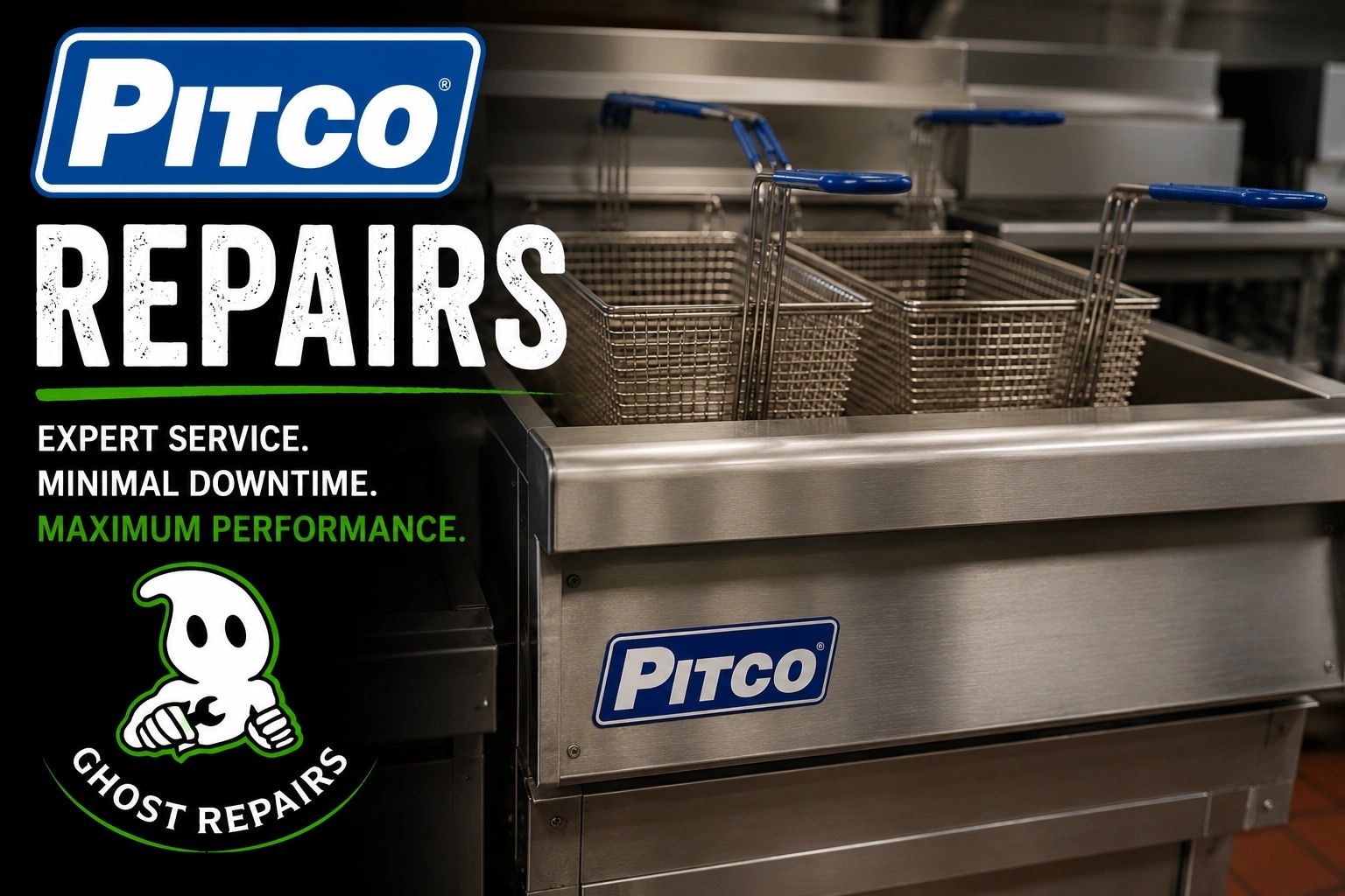 Commercial fryer with Pitco repairs advertisement for expert service and minimal downtime.