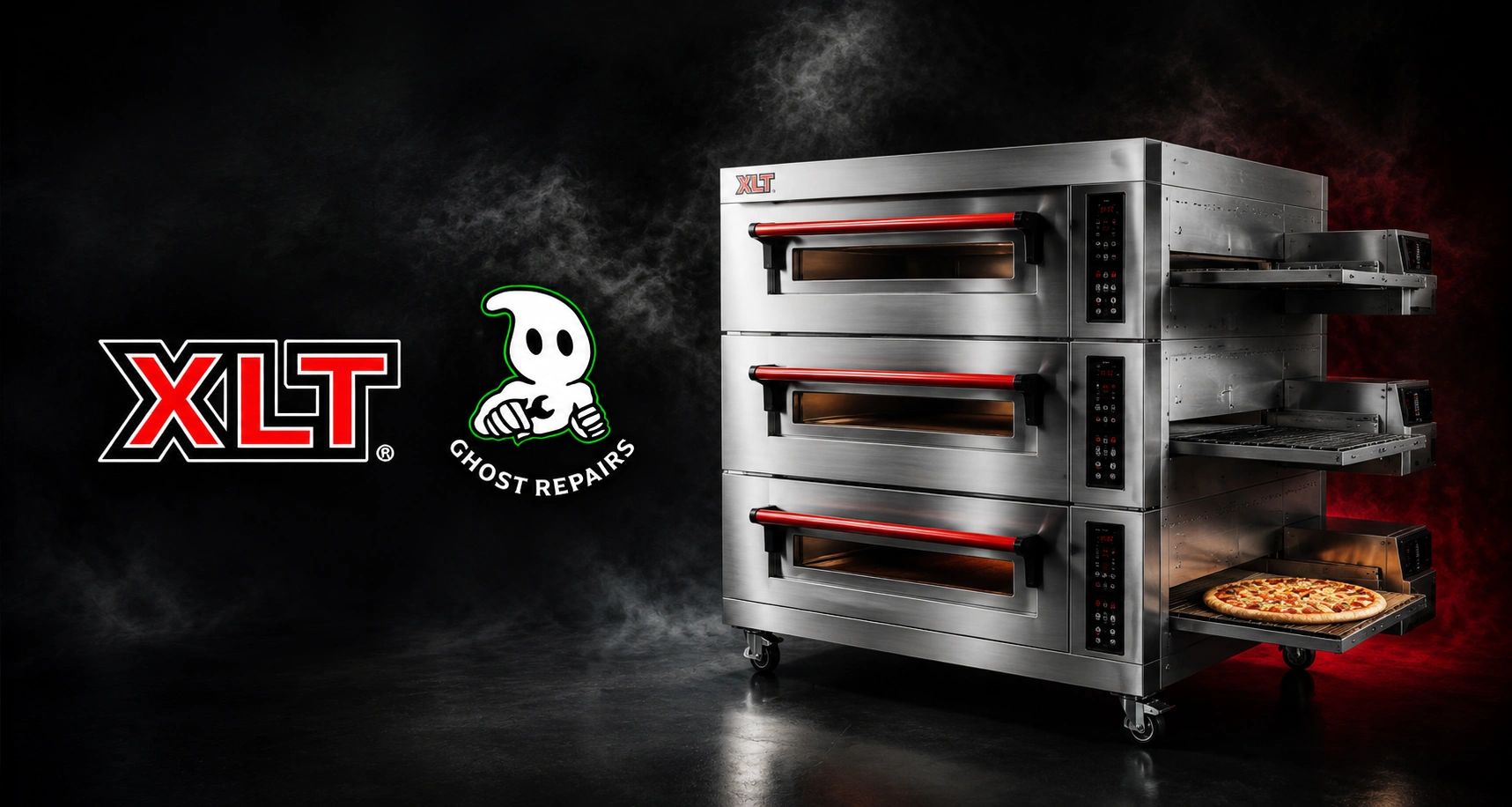Three-deck commercial pizza oven with a pizza inside and XLT Ghost Repairs logos.