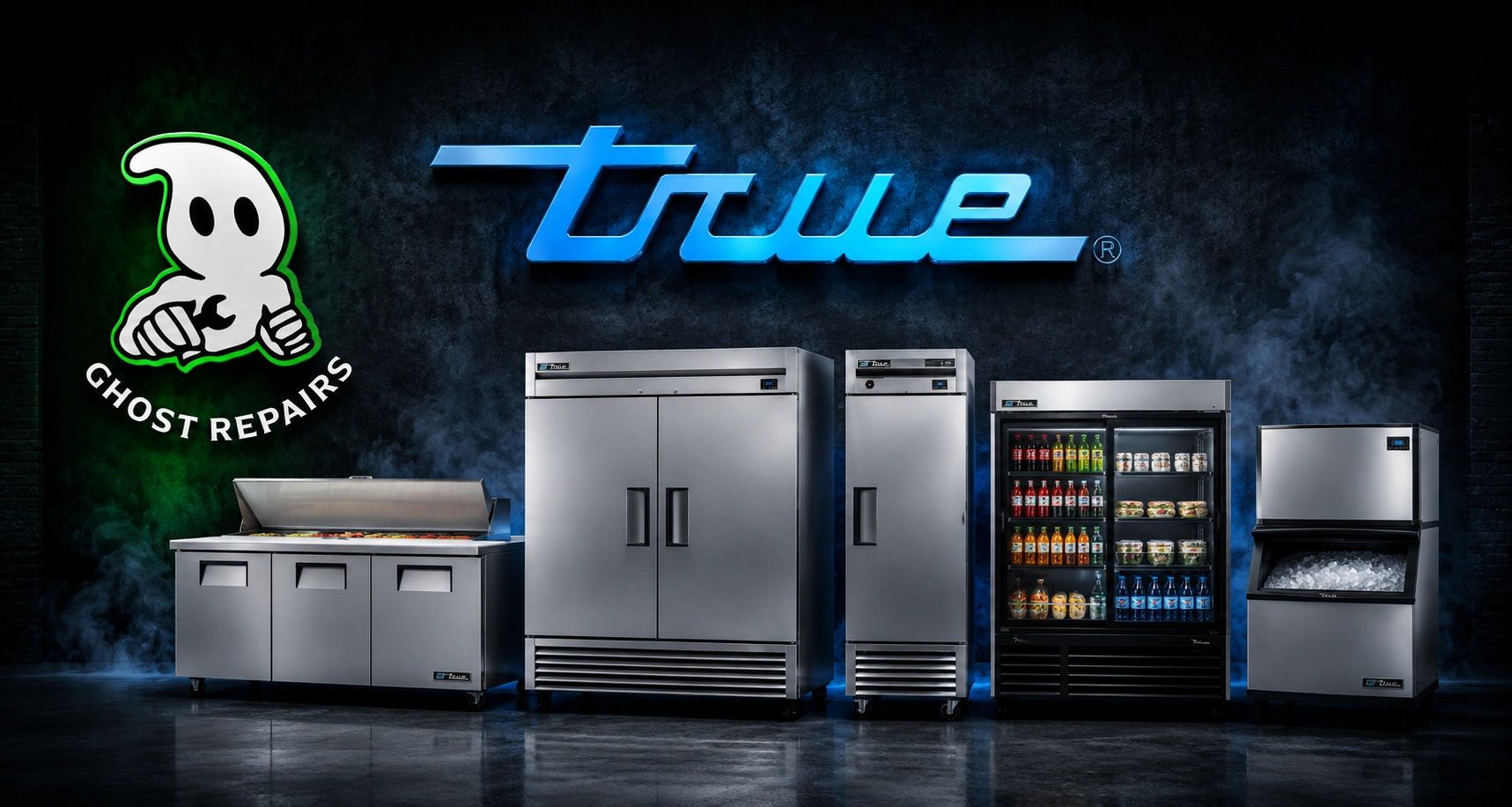 Commercial kitchen appliances under the True brand logo with Ghost Repairs mascot.