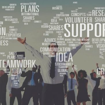 Business team celebrating success with words of teamwork and support.