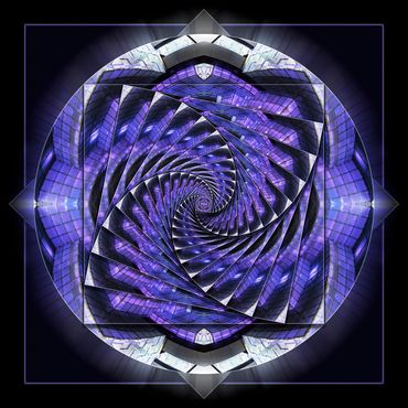 Repeated purple squares twirling inside a glowing circle.