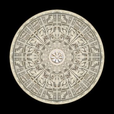Monochromatic mandala of the stone carvings from the Globe and Mail facade.  Horsemen going into bat