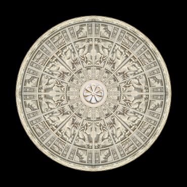 Monochromatic mandala of the stone carvings from the Globe and Mail facade.  Horsemen going into bat