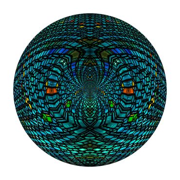 kaleidoscopic abstract photo of blue and green jewel-like glass panels creates a sphere