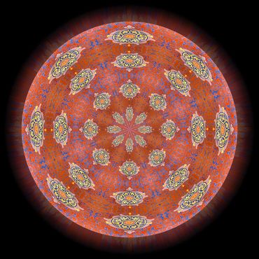 Gold accents on a red background of 32 repetitions of a moorish revival motif