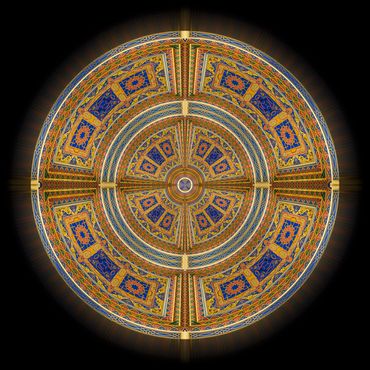 Blue, red brown accents of 4 repetitions of a ceiling detail provide a compass-like orb