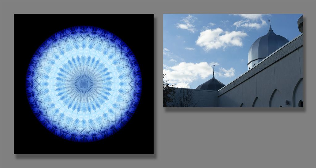 Digital manipulation and source image of the London (Ontario) Mosque exterior.