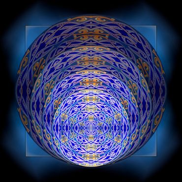 Concentric nested circles of violet and rose serpentine patterns on an iridescent azure square.