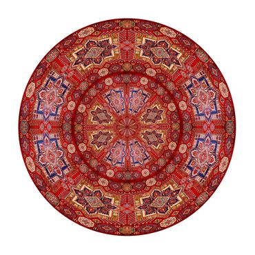 Photo of a persian carpet with a complex geometric red design.