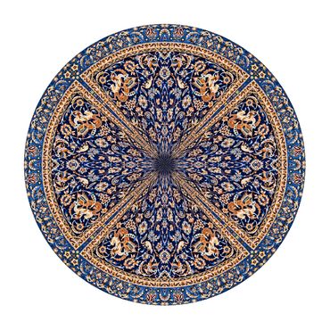 Circular photo of blue and gold carpet from Turco-Persian which depicts a hunting scene