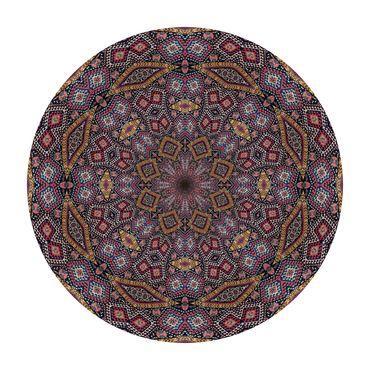 Circular photo of a black, gold and red Armenian carpet with a complex tribal geometry 