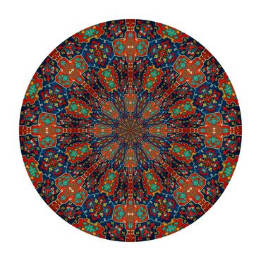 Complex geometry in a kaleidoscopic Persian carpet photo red, blue, green, yellow