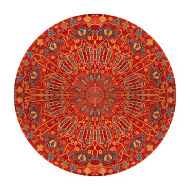 Circular photo of a sienna orange and specks of teal blue carpet with a geometric starburst 