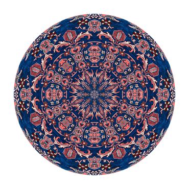 A photo of circular persian carpet that has a blue and pink floral design