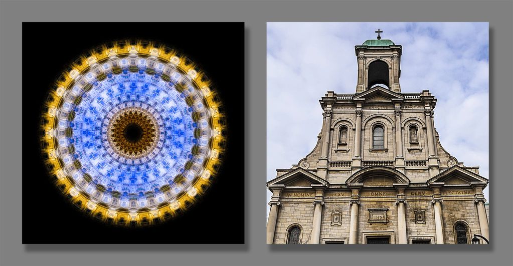 Digital manipulation and source image of the Church facade on Danaforth Avenue