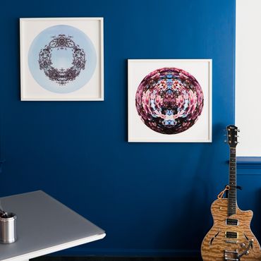 Diptych of two circular photographs in white frames featuring Magnolia blossoms