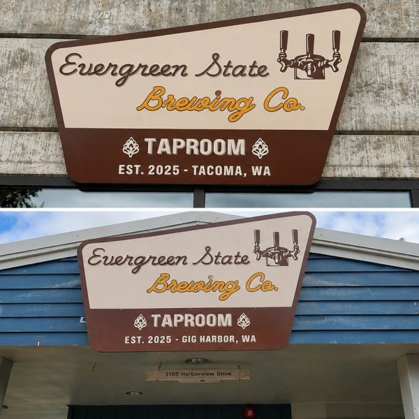 Signs for Evergreen State Brewing Co. taprooms in Tacoma and Gig Harbor, WA.