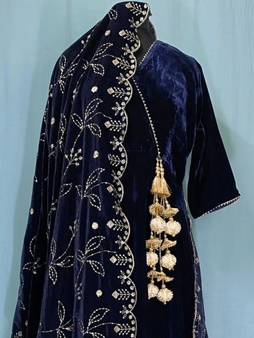 Blue velvet Anarkali & Banarasi palazzo pants, with Zari work dupatta