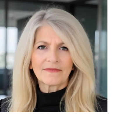 Portrait of a confident middle-aged woman with long blonde hair and a black top.