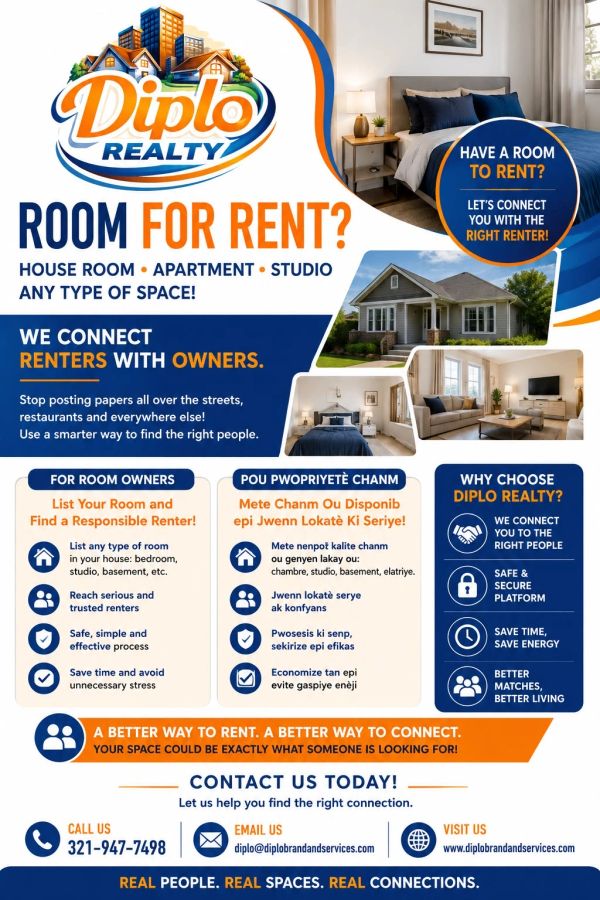 Realty advertisement offering rooms, apartments, and studios for rent, connecting renters with owners.