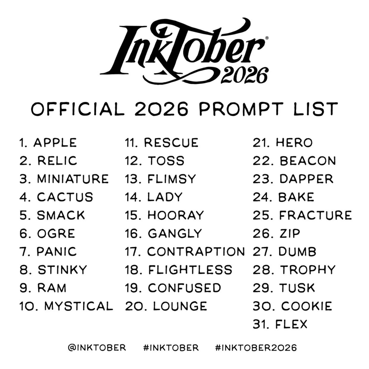 2026 Inktober official prompt list with 31 creative drawing prompts.