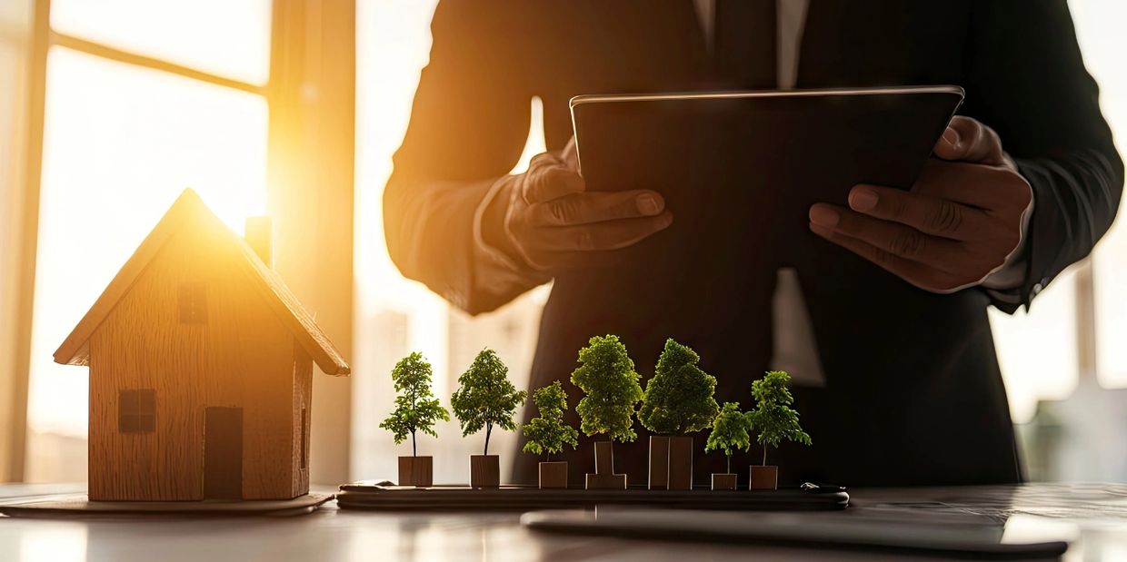 Person holding tablet near miniature house and small trees on desk.