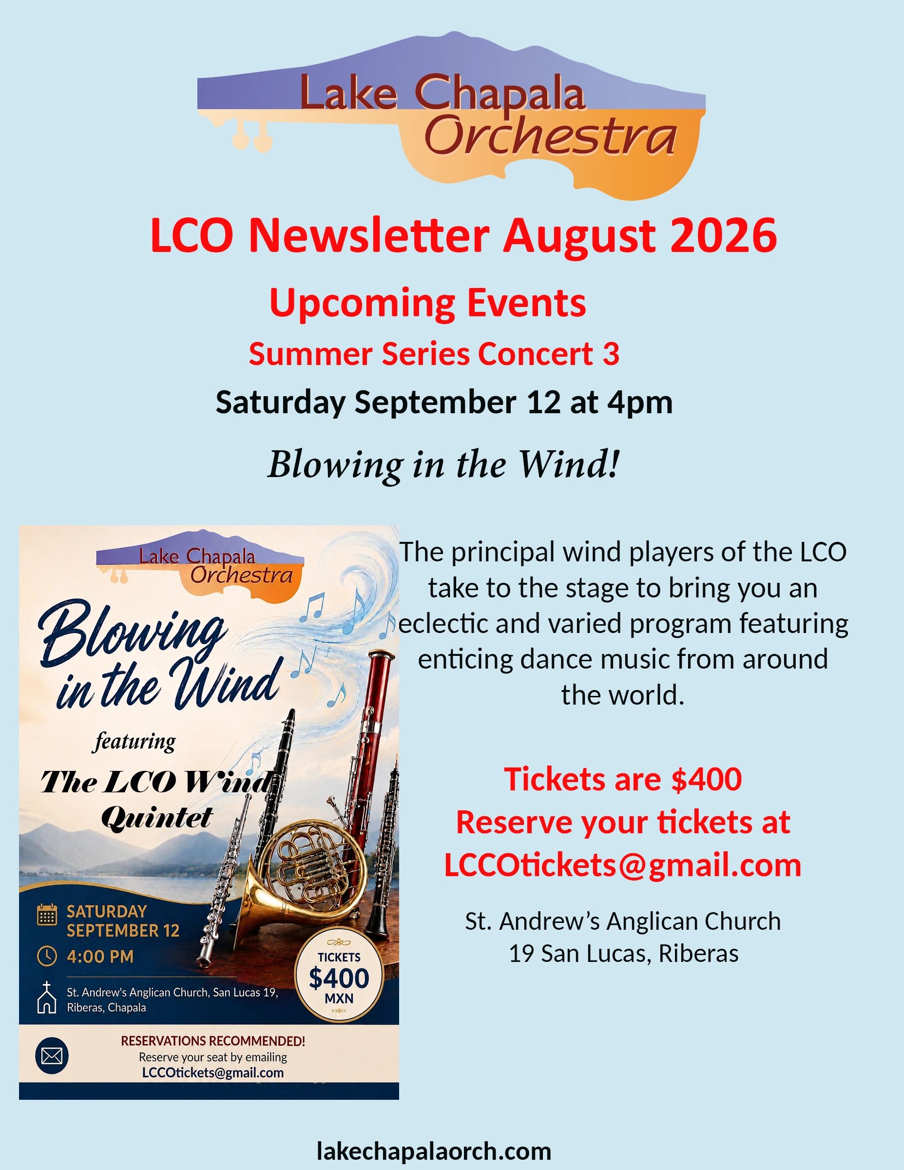 Lake Chapala Orchestra concert announcement for September 12, 2026.
