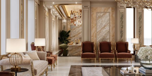 Luxurious living room with elegant furniture and marble accents.